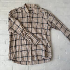 Barbour Men's Beige and Navy Plaid 100% Cotton Flannel Long Sleeve Shirt sz L